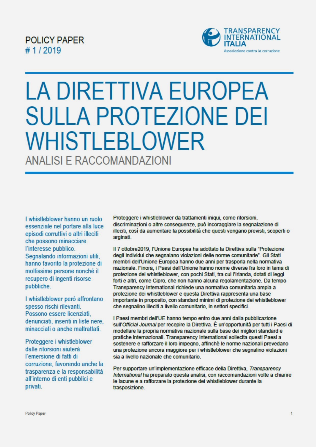 Direttiva Europea Sul Whistleblowing 2019 - Transparency International ...